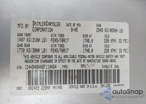 2006 Dodge Durango Slt z USA, uszkodzony, nr VIN 1D4HD48NX6F110464